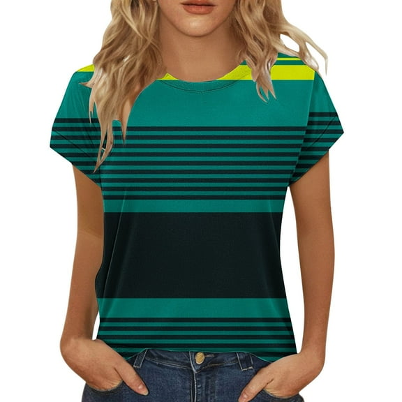 Delayuji Womens Summer Tops Short Sleeve Shirts Crew Neck Cute Trendy Tunic Blouses Green L Polyester,Spandex Short Sleeve Shirts for Women