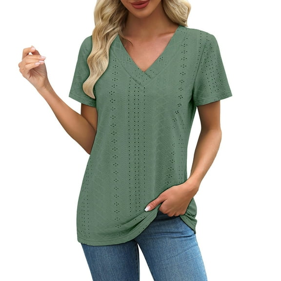 Delayuji Womens Summer Tops Trendy 2025 Eyelet Crossed V Neck T Shirts Loose Casual Short Sleeve Tshirts Shirts Fashion Green S Polyester Short Sleeve Shirts for Women
