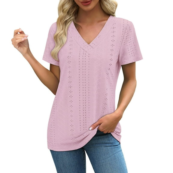 Delayuji Womens Summer Tops Trendy 2025 Eyelet Crossed V Neck T Shirts Loose Casual Short Sleeve Tshirts Shirts Fashion Pink S Polyester Short Sleeve Shirts for Women