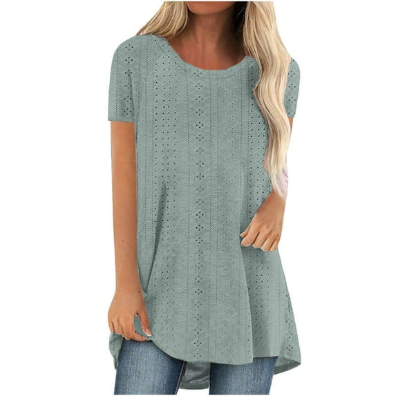 Delayuji Womens Summer Tunic Tops for Leggings Eyelet Embroidery Trendy Crewneck Short Sleeve Long Shirt Casual Blouse Green Xl Polyester Short Sleeve Shirts for Women