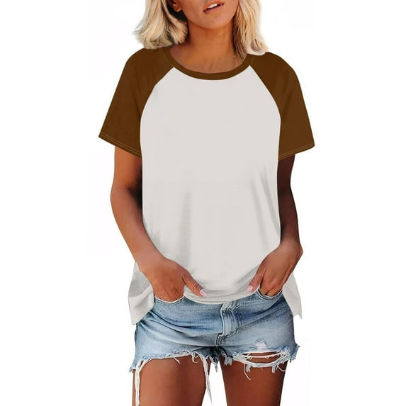 Delayuji Womens T Shirts Short Sleeve Color Block Loose Fit Casual Summer Tops Comfy Blouses Basic Tees Brown L Polyester,Spandex Short Sleeve Shirts for Women