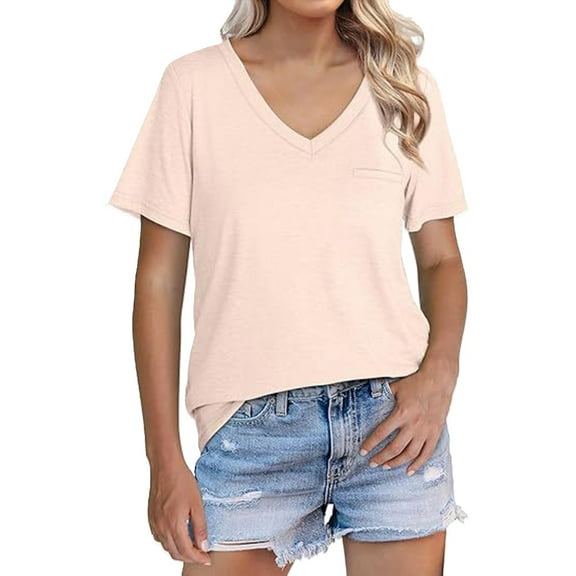 Delayuji Womens T Shirts V Neck Cap Short Sleeve Summer Tops Trendy 2025 Loose Casual Tshirts with Pocket Beige Xxl Polyester,Spandex,Cotton Short Sleeve Shirts for Women