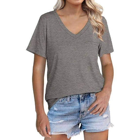 Delayuji Womens T Shirts V Neck Cap Short Sleeve Summer Tops Trendy 2025 Loose Casual Tshirts with Pocket Gray M Polyester,Spandex,Cotton Short Sleeve Shirts for Women