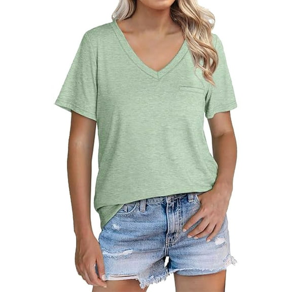 Delayuji Womens T Shirts V Neck Cap Short Sleeve Summer Tops Trendy 2025 Loose Casual Tshirts with Pocket Green Xxl Polyester,Spandex,Cotton Short Sleeve Shirts for Women