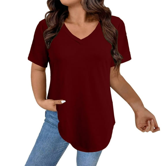 Delayuji Womens T Shirts V Neck Summer Short/Long Sleeve Cotton Tops Tees Red L Polyester,Spandex Short Sleeve Shirts for Women