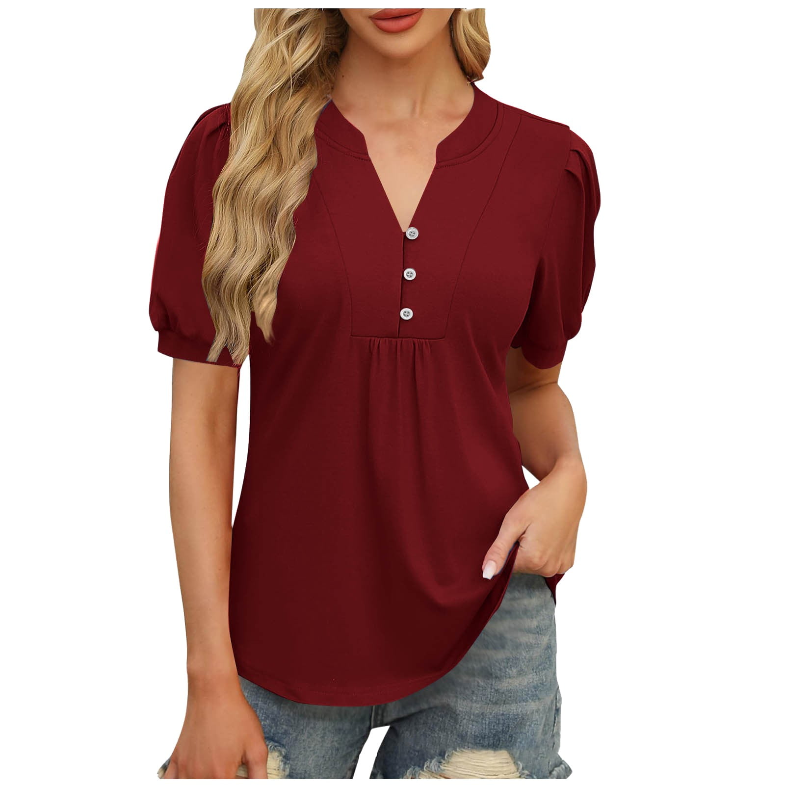 Delayuji Womens Tops Puff Short Sleeve Shirts Casual V Neck Summer Tops ...