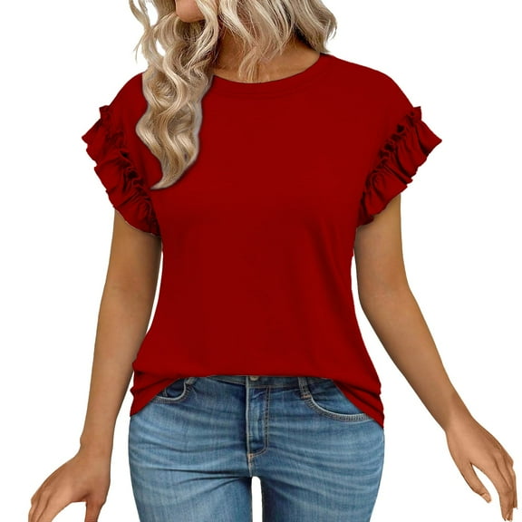 Delayuji Womens Tshirts Short Sleeve Casual Summer Tops 2025 Ruffle Crewneck Trendy Fashion Cute Work Outfits Red M Polyester,Spandex Short Sleeve Shirts for Women