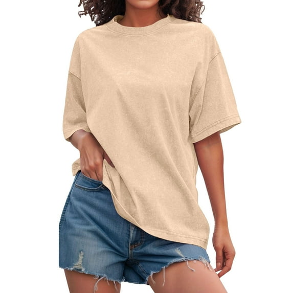 Delayuji Womens Washed Vintage Oversized T Shirt Casual Baggy Streetwear Tee Workout Short Sleeve Trendy Tops Brown L Cotton Short Sleeve Shirts for Women