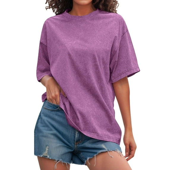 Delayuji Womens Washed Vintage Oversized T Shirt Casual Baggy Streetwear Tee Workout Short Sleeve Trendy Tops Purple Xl Cotton Short Sleeve Shirts for Women