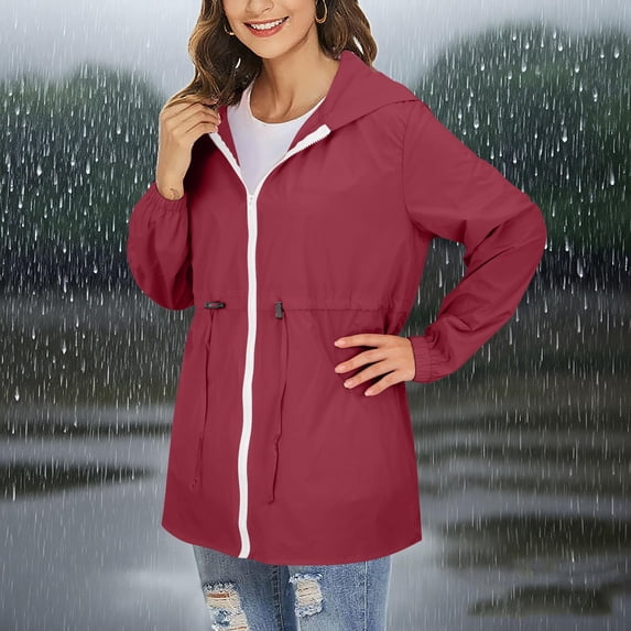 Delayuji Womens Waterproof Coat Solid Color Hooded Sun Protection Jacket Lightweight Sports Outdoor Zipper Jacket