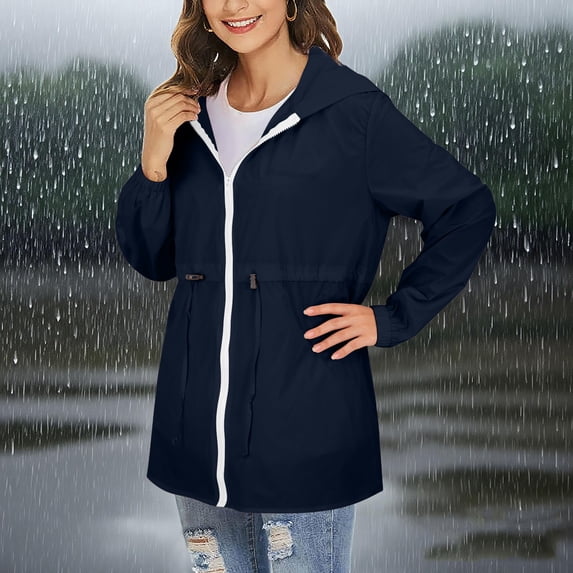 Delayuji Womens Waterproof Coat Solid Color Hooded Sun Protection Jacket Lightweight Sports Outdoor Zipper Jacket