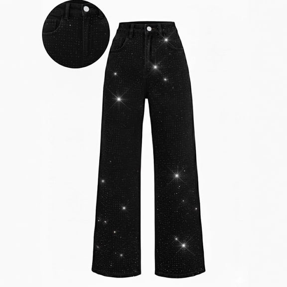 Delayuji Womens Wide Leg Jean Mid Waist Stick the Rhinestone Printed Loose Pants Jeans with Pockets Streetwear