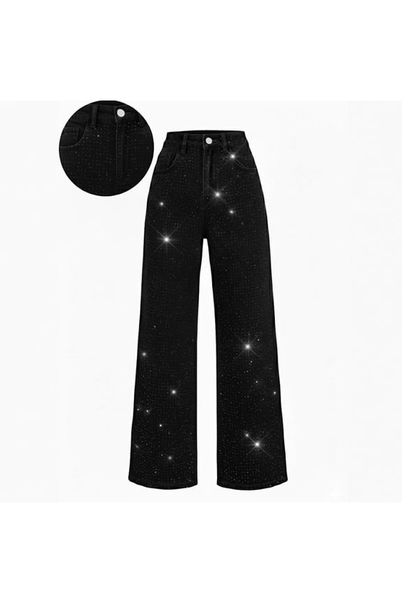 Womens Wide Leg Jean Mid Waist Stick the Rhinestone Printed Loose Pants Jeans with Pockets Streetwear