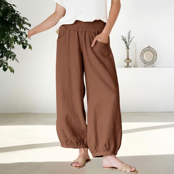 Delayuji Womens Wide Leg Pants Cotton Linen Pants Barrel Pants Baggy Elastic Waisted Pants Loose Trousers With Pockets