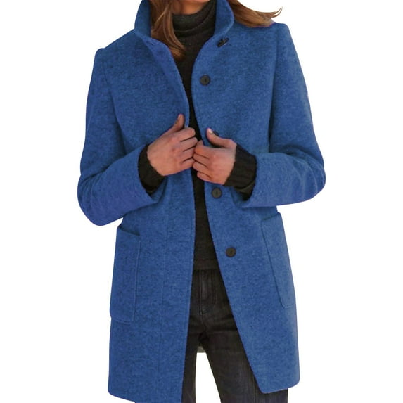 Delayuji Wool Coats for Women Womens Tweed Blazer Long Coats for Women Winter Stand Collar Single Breasted Wool Coats Wool Blend Peacoat Thicken Jacket Navy S