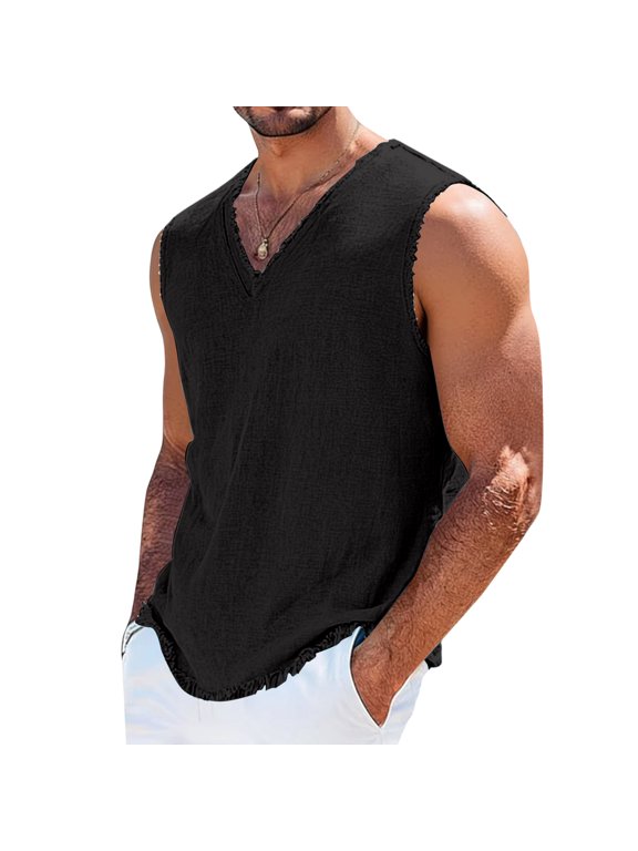 Linen Tank Tops for Men Breathable V-Neck Sleeveless Shirts Relaxed Fit Summer Beach Vacation Casual Wear Big and Tall Black 4XL