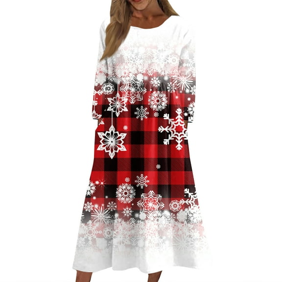 Delconic Long Sleeve Snowflake Print Midi Dress Crew Neck Loose Fit Holiday A Line Gown for Women Winter Casual Wear White L