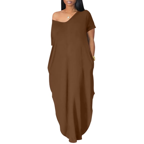 Delconic Loose Fit Off Shoulder Maxi Dress for Women Short Sleeve Casual Long Dress Soft Fabric Comfortable Wear Brown XL
