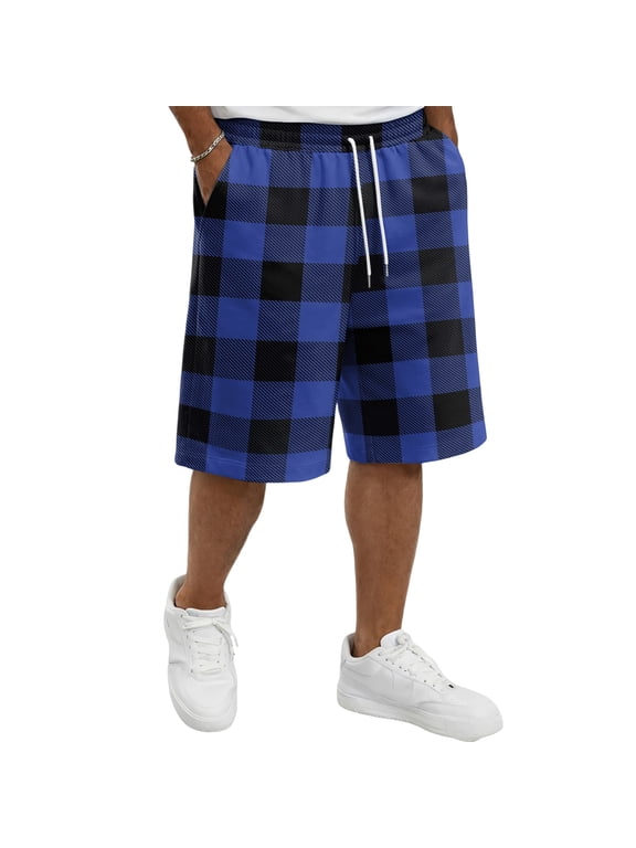 Men Classic Buffalo Plaid Quick Dry Casual Shorts Skin Friendly Elastic Waist Deep Side Storage Pockets Short Trousers For Spring Summer Commute Walking Blue 4XL