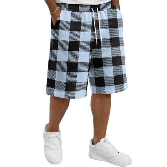 Delconic Men Classic Buffalo Plaid Quick Dry Casual Shorts Skin Friendly Elastic Waist Deep Side Storage Pockets Short Trousers For Spring Summer Commute Walking Sky Blue 5XL