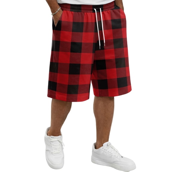 Delconic Men Classic Buffalo Plaid Quick Dry Casual Shorts Skin Friendly Elastic Waist Deep Side Storage Pockets Short Trousers For Spring Summer Commute Walking Red 4XL