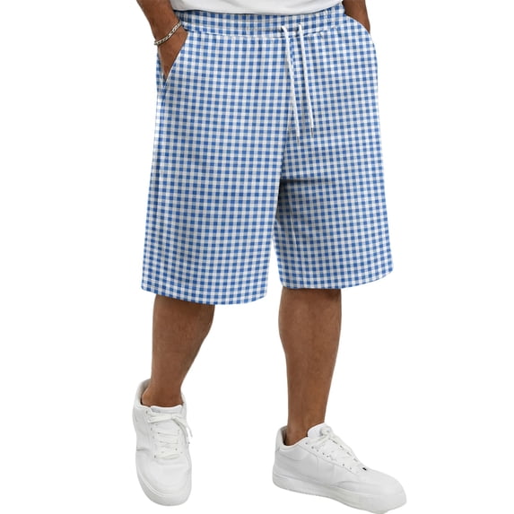 Delconic Men Classic Gingham Plaid Quick Dry Casual Shorts Skin Friendly Stretch Waist Deep Side Storage Pockets Short Trousers For Spring Summer Royal Blue 2XL