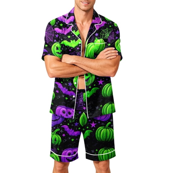 Delconic Men Halloween Printed Pajama Set Short Sleeve Button Down Top and Shorts Soft Relaxed Fit Sleepwear S to XXXXL Green 2XL