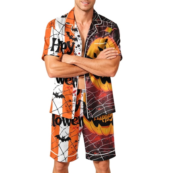 Delconic Men Halloween Printed Pajama Set Short Sleeve Button Down Top and Shorts Soft Relaxed Fit Sleepwear S to XXXXL White 4XL