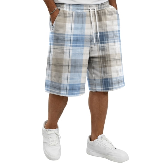 Delconic Men Holiday Tartan Plaid Quick Dry Knee Length Casual Shorts Elastic Drawstring Waist Side Pockets Loose Fit Short Pants For Summer Beach Gym Hiking Daily Blue XL