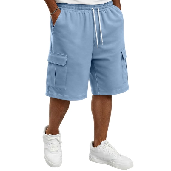 Delconic Men Lightweight Breathable Knit Cargo Casual Shorts Adjustable Drawstring Stretch Waist Solid Color Relax Fit Bottoms For Running Fishing Weekend Sports Beach Outfit Blue 4XL