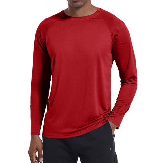 Delconic Men Long Sleeve Crew Neck T Shirt Lightweight Breathable Athletic Fit Moisture Wicking Performance Top for Sports Gym Running Red 2XL