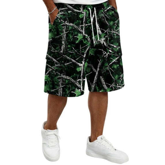 Delconic Men Realistic Tree Branch Camo Quick Dry Casual Cargo Shorts Skin Friendly Elastic Waist Deep Storage Side Pockets Short Trousers For Spring Summer Daily Green M