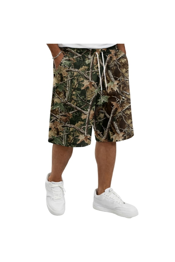 Men Realtree Camo Quick Dry Knee Length Casual Shorts Elastic Drawstring Waist Deep Side Pocket Loose Fit Short Pants For Summer Hunting Hiking Fishing Army Green XL