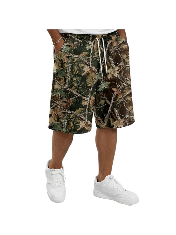 Men Realtree Camo Quick Dry Knee Length Casual Shorts Elastic Drawstring Waist Deep Side Pocket Loose Fit Short Pants For Summer Hunting Hiking Fishing Army Green XL