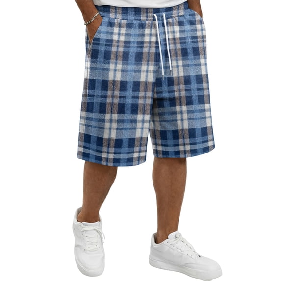 Delconic Men Retro Tartan Plaid Quick Dry Knee Length Casual Shorts Elastic Drawstring Waist Side Pockets Loose Fit Short Pants For Summer Beach Gym Hiking Daily Blue M
