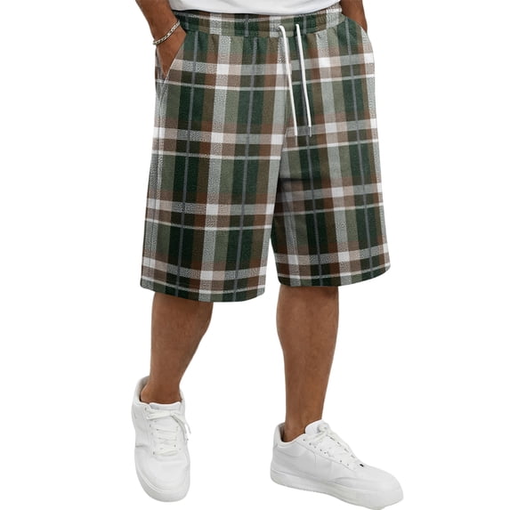 Delconic Men Retro Tartan Plaid Quick Dry Knee Length Casual Shorts Elastic Drawstring Waist Side Pockets Loose Fit Short Pants For Summer Beach Gym Hiking Daily Green XL