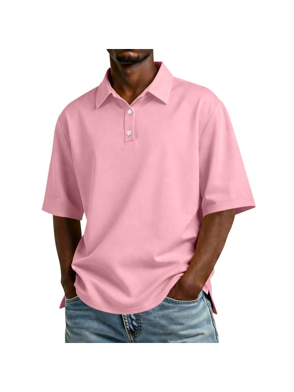 Men Short Sleeve Polo Shirt Classic Fit Three Button Placket Soft Cotton Fabric Casual Lapel Collar Top Light pink XL