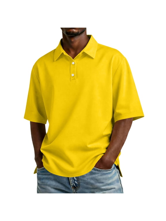 Men Short Sleeve Polo Shirt Classic Fit Three Button Placket Soft Cotton Fabric Casual Lapel Collar Top Yellow M