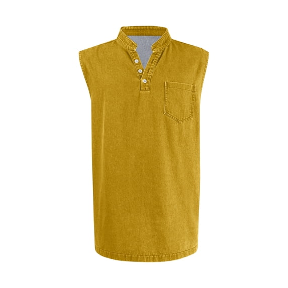 Delconic Men Sleeveless Washed Button Henley Tank Top with Chest Pocket Casual Athletic Loose Fit Summer Vest Shirt Yellow L
