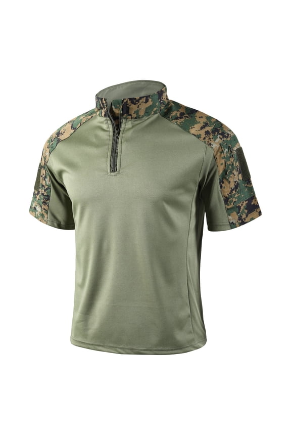 Men Tactical Short Sleeve Shirt Military Style Quarter Zip Collar Camouflage Patchwork Breathable Polyester Top Army Green 3XL