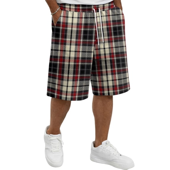 Delconic Men Tartan Plaid Quick Dry Knee Length Casual Shorts Elastic Drawstring Waist Side Pockets Loose Fit Short Pants For Summer Beach Gym Hiking Daily Lounging Outdoor Travel Wear Beige L