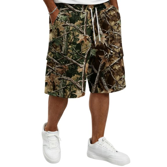 Delconic Men Tree Camo Quick Dry Knee Length Casual Cargo Shorts Elastic Drawstring Waist Side Pockets Loose Fit Short Pants For Summer Hunting Fishing Hiking Daily Outdoor Travel Wear Yellow L