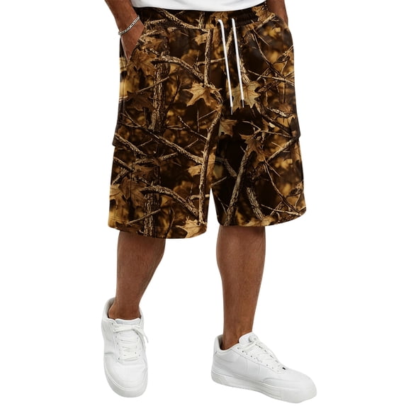 Delconic Men Tree Camo Quick Dry Knee Length Casual Cargo Shorts Elastic Drawstring Waist Side Pockets Loose Fit Short Pants For Summer Hunting Fishing Hiking Daily Outdoor Travel Wear Khaki 5XL