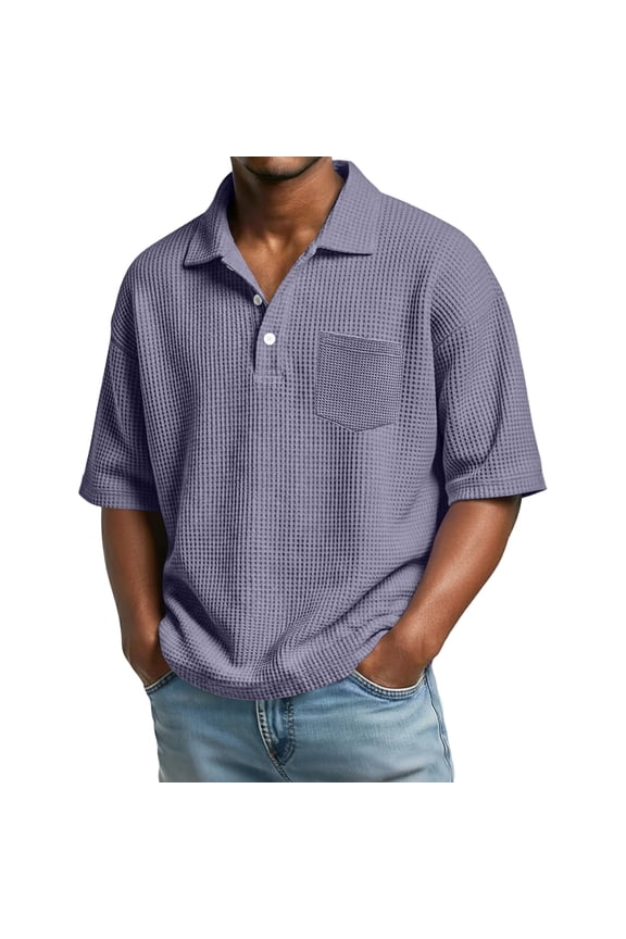 Men Waffle Knit Short Sleeve Polo Shirt Casual Loose Fit Textured Top with Pocket Button Down Collar Purple S