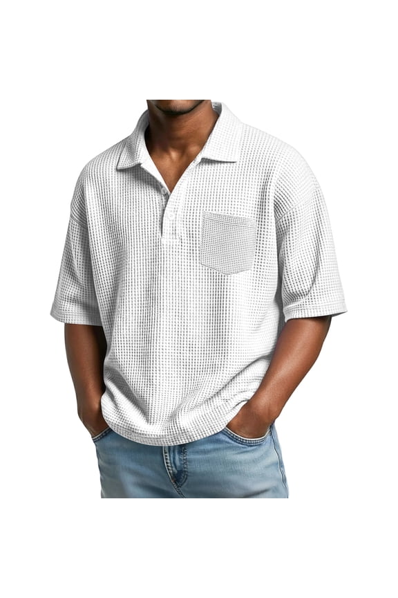 Men Waffle Knit Short Sleeve Polo Shirt Casual Loose Fit Textured Top with Pocket Button Down Collar White 4XL