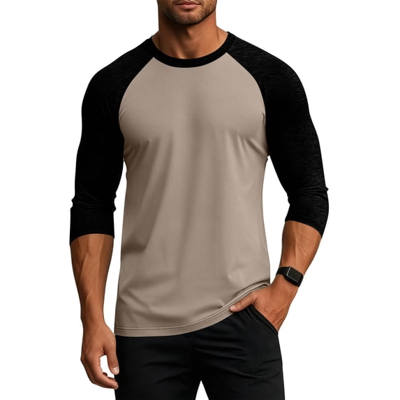 Delconic Men's 3/4 Sleeve Shirts Crew Neck Baseball T Shirts Casual Moisture Wicking Athletic Raglan Tops Khaki 2XL