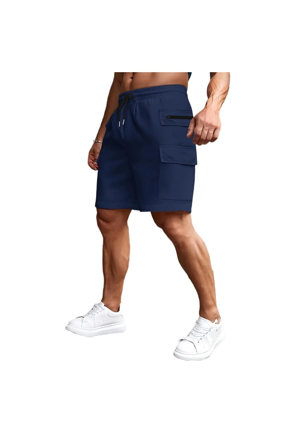 Men's Casual Drawstring Waist Cargo Shorts with Zipper Pocket and Side Flap Pocket Relaxed Fit for Everyday Wear Navy M