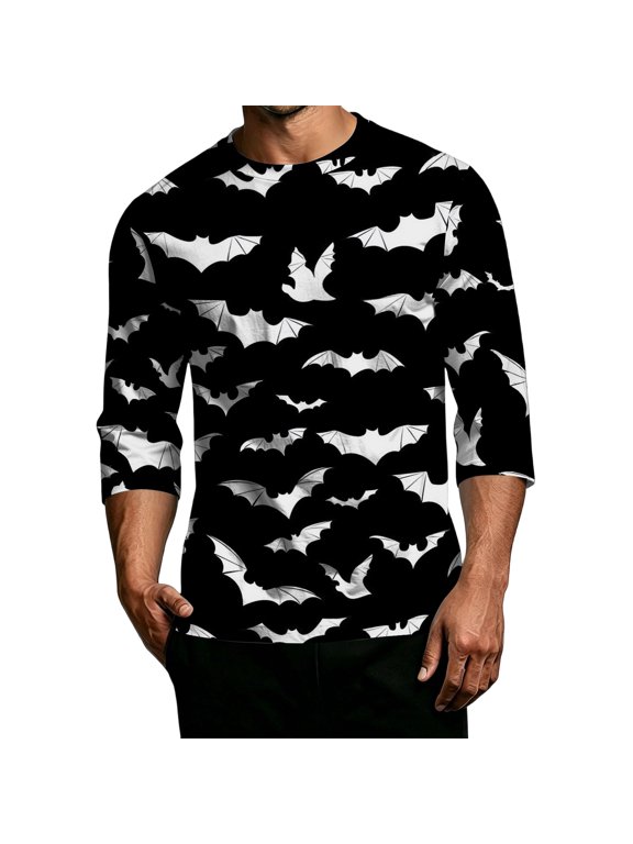 Men's Casual Regular Fit Crew Neck Three Quarter Sleeve T Shirt with Halloween Bat Print Suitable for Daily Wear and Themed Events Black M