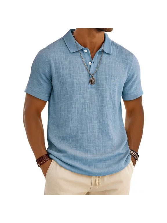 Men’s Casual Summer Bamboo Cotton Linen Short Sleeve Polo Shirt Lightweight Breathable Comfortable Classic Fit Top Light Blue XL