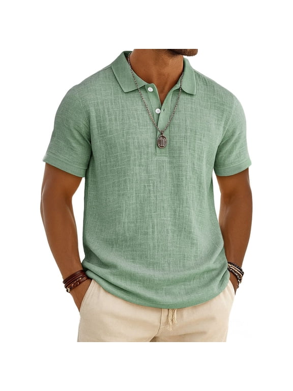 Men’s Casual Summer Bamboo Cotton Linen Short Sleeve Polo Shirt Lightweight Breathable Comfortable Classic Fit Top Light Green S
